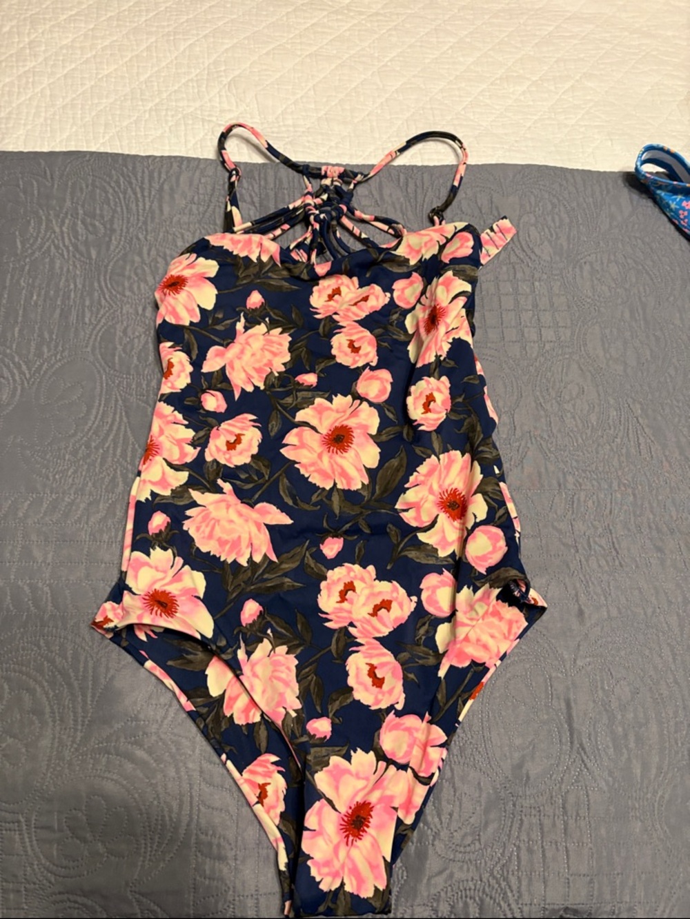 Tori Praver Swimwear Navy One-Piece with Pink Floral Print